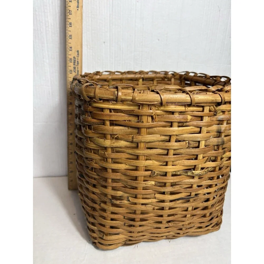 Vintage Handmade Wicker Basket Square Storage Bin Primitive Farmhouse Boho